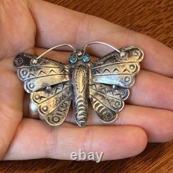 Navajo Older Big Sterling Silver Brooch Stamped Butterfly Turquoise Vintage Dt