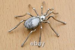 Navajo Pawn Artisan Signed ES Sterling Silver White Buffalo Spider Pin Brooch