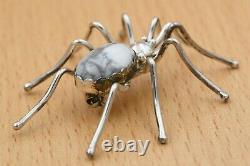 Navajo Pawn Artisan Signed ES Sterling Silver White Buffalo Spider Pin Brooch