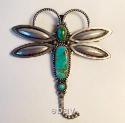 Navajo Pilot Mountain Turquoise Silver Dragonfly Brooch/Pendant Herman Smith