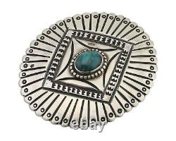 Navajo Pin 925 Silver Natural Turquoise Hand Stamped Native Artist C. 80's