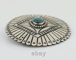 Navajo Pin 925 Silver Natural Turquoise Hand Stamped Native Artist C. 80's