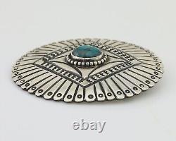 Navajo Pin 925 Silver Natural Turquoise Hand Stamped Native Artist C. 80's