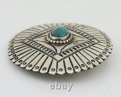 Navajo Pin 925 Silver Natural Turquoise Hand Stamped Native Artist C. 80's