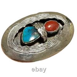 Navajo Roy Vandever Sterling Silver Turquoise Coral Brooch Oval