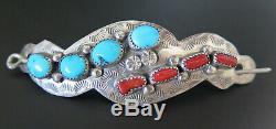 Navajo Rp Signed Turquoise Red Coral Sterling Silver Pin Hair Barrette
