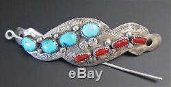 Navajo Rp Signed Turquoise Red Coral Sterling Silver Pin Hair Barrette