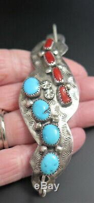 Navajo Rp Signed Turquoise Red Coral Sterling Silver Pin Hair Barrette