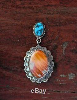 Navajo Silver Spiny Oyster Turquoise Pendant Pin with 24 Inch Silver Chain