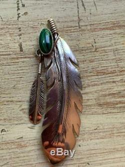 Navajo Silversmith Harvey Mace Signed Sterling & Malachite Twin Feathers Pin