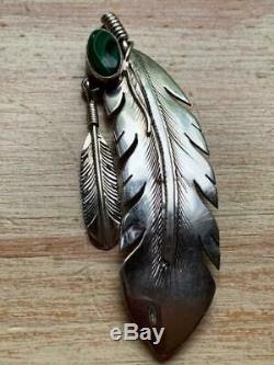 Navajo Silversmith Harvey Mace Signed Sterling & Malachite Twin Feathers Pin