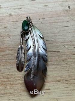 Navajo Silversmith Harvey Mace Signed Sterling & Malachite Twin Feathers Pin