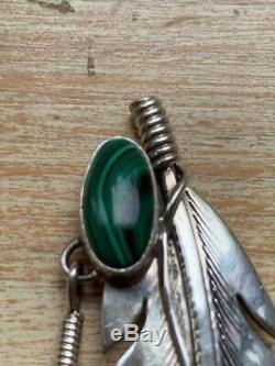 Navajo Silversmith Harvey Mace Signed Sterling & Malachite Twin Feathers Pin