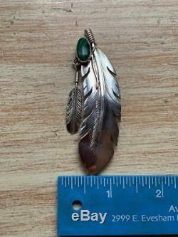 Navajo Silversmith Harvey Mace Signed Sterling & Malachite Twin Feathers Pin