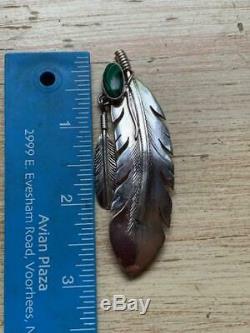 Navajo Silversmith Harvey Mace Signed Sterling & Malachite Twin Feathers Pin