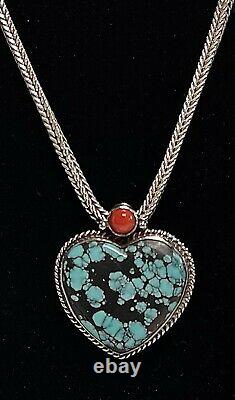 Navajo Spiderweb Turquoise Coral Sterling Silver Heart Necklace Pendant Pin 18