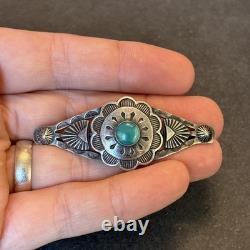 Navajo Stamped Brooch Sterling Silver C-Clasp Turquoise Vintage Harvey Era U