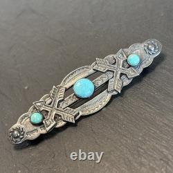 Navajo Stamped Brooch Sterling Turquoise Vintage Harvey Era Older Arrows 2e