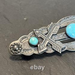 Navajo Stamped Brooch Sterling Turquoise Vintage Harvey Era Older Arrows 2e