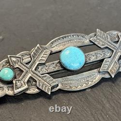 Navajo Stamped Brooch Sterling Turquoise Vintage Harvey Era Older Arrows 2e