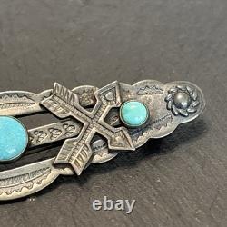 Navajo Stamped Brooch Sterling Turquoise Vintage Harvey Era Older Arrows 2e