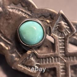 Navajo Stamped Brooch Sterling Turquoise Vintage Harvey Era Older Arrows 2e