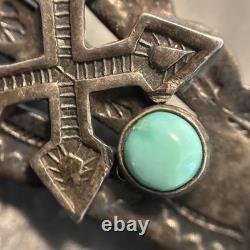 Navajo Stamped Brooch Sterling Turquoise Vintage Harvey Era Older Arrows 2e