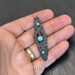 Navajo Stamped Brooch Sterling Turquoise Vintage Harvey Era Older Arrows 2e