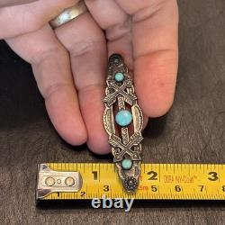 Navajo Stamped Brooch Sterling Turquoise Vintage Harvey Era Older Arrows 2e