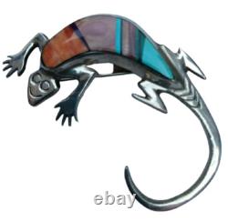 Navajo Sterling Silver 925 Multi Stone Inlay Stampwork Lizard Pin Brooch Fy