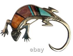 Navajo Sterling Silver 925 Multi Stone Inlay Stampwork Lizard Pin Brooch Fy