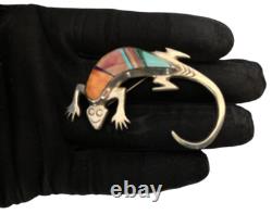 Navajo Sterling Silver 925 Multi Stone Inlay Stampwork Lizard Pin Brooch Fy