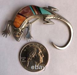 Navajo Sterling Silver 925 Multi Stone Inlay Stampwork Lizard Pin Brooch Fy
