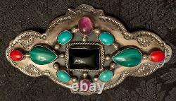 Navajo Sterling Silver Handmade Turquoise, Onyx, Red Coral Pin G. Nelson