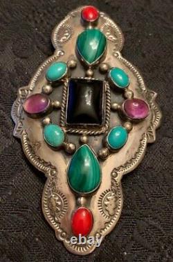 Navajo Sterling Silver Handmade Turquoise, Onyx, Red Coral Pin G. Nelson