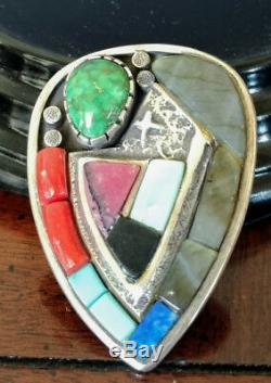 Navajo Sterling Silver Heart Shaped Brooch Multi-Stoned Vernon A Begaye Old