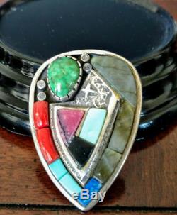 Navajo Sterling Silver Heart Shaped Brooch Multi-Stoned Vernon A Begaye Old