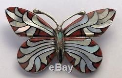 Navajo Sterling Silver Mother Of Pearl & Coral Butterfly Pin Pendant LOREN BEGAY