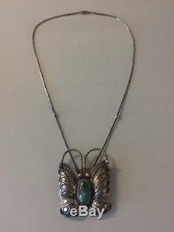 Navajo Sterling Silver Randy Boyd Turquoise Butterfly Pendant / Pin Necklace 925