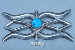 Navajo Sterling Silver & Turquoise Cast Brooch / Pin 2.5/8 inch wide