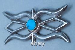 Navajo Sterling Silver & Turquoise Cast Brooch / Pin 2.5/8 inch wide