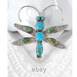 Navajo Sterling Turquoise Dragonfly Pin Large Native American Signed HB 2.5