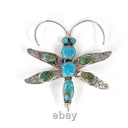 Navajo Sterling Turquoise Dragonfly Pin Large Native American Signed HB 2.5