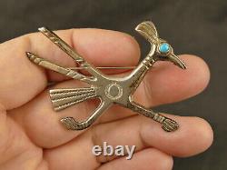 Navajo Turquoise Cast Silver Roadrunner Pin 1960's Vintage Tucson Estate