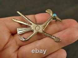 Navajo Turquoise Cast Silver Roadrunner Pin 1960's Vintage Tucson Estate