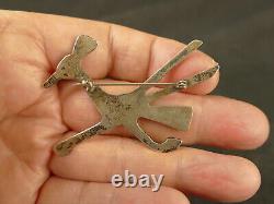 Navajo Turquoise Cast Silver Roadrunner Pin 1960's Vintage Tucson Estate