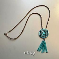 Navajo Turquoise Cluster Pin Pendant Necklace Large 2.5 Zuni Silver Bead Tassel