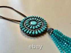 Navajo Turquoise Cluster Pin Pendant Necklace Large 2.5 Zuni Silver Bead Tassel