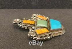 Navajo Turquoise Orange Spiny Oyster Sterling Silver Cactus Plant Pin Pendant
