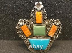 Navajo Turquoise Orange Spiny Oyster Sterling Silver Cactus Plant Pin Pendant